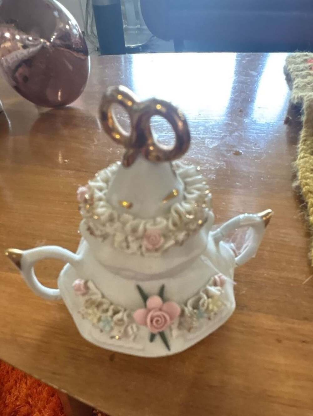 Vintage Capodimonte Porcelain Sugar Bowl Gold Bow Floral Pink Roses